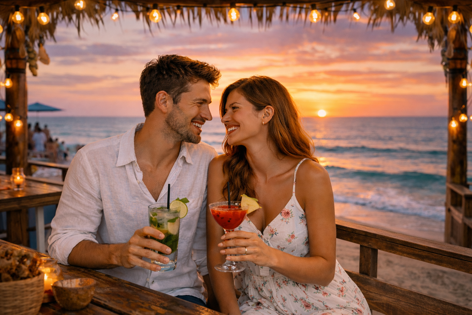 זוג יושב בבר על חוף הים